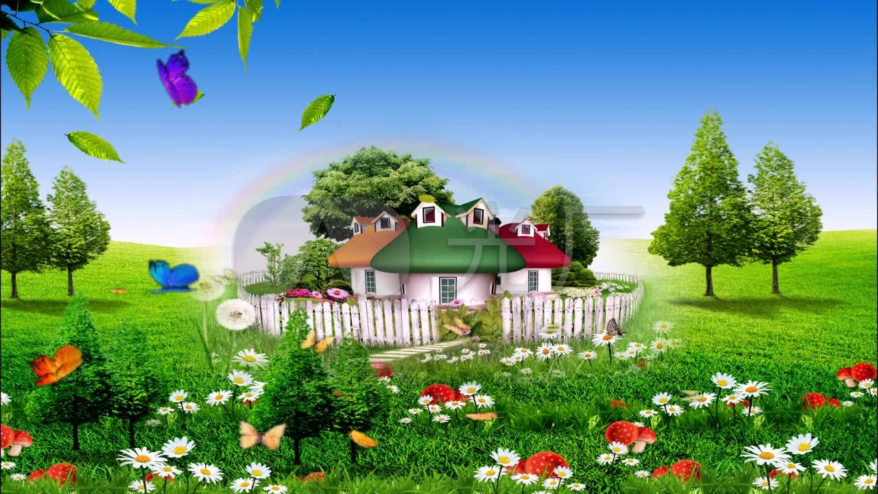 清新绿色家园卡通彩色小屋舞台背景视频_1280x720_(:)