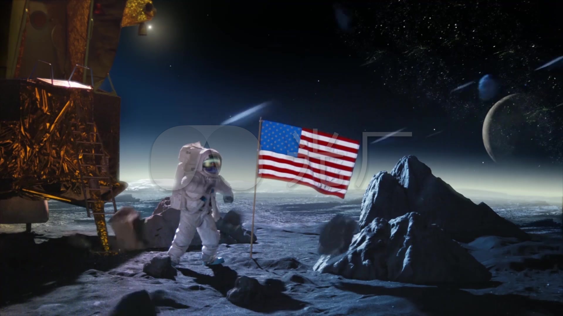 宇航员登上月球国家国旗_1920X1080_高清视