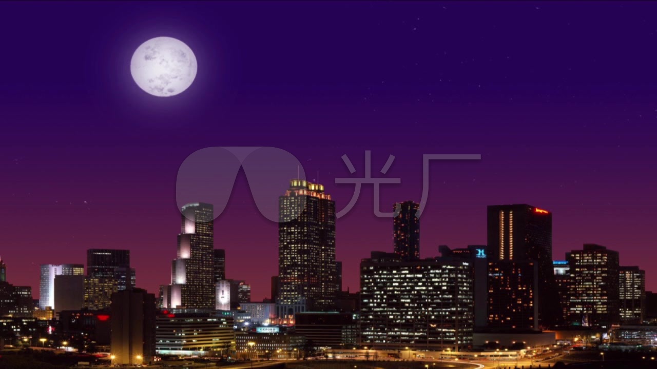 夜空的城市圆月月亮星空繁星夜景