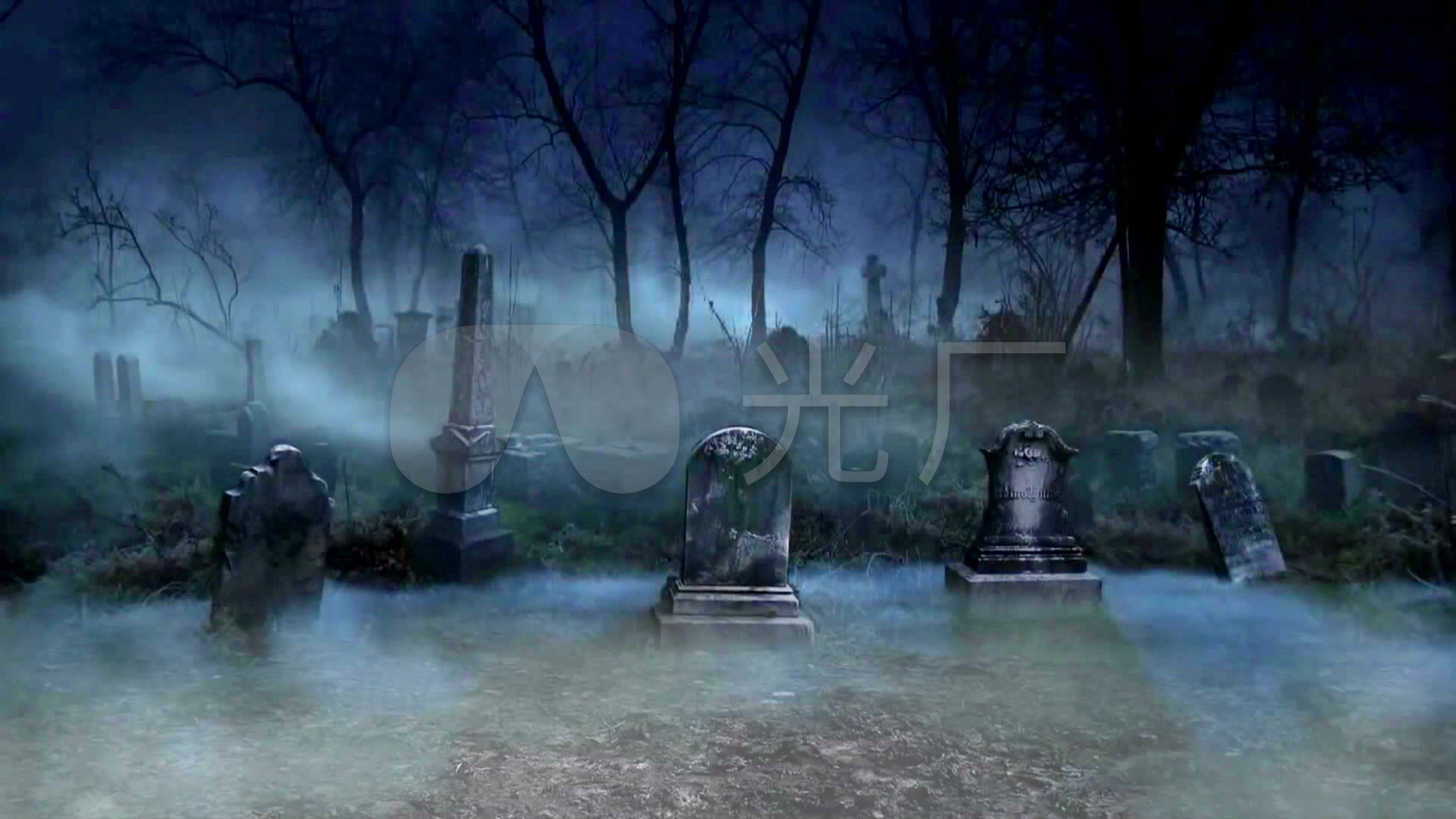 万圣节鬼节阴森恐怖墓地坟场黑夜墓碑树林_1920x1080