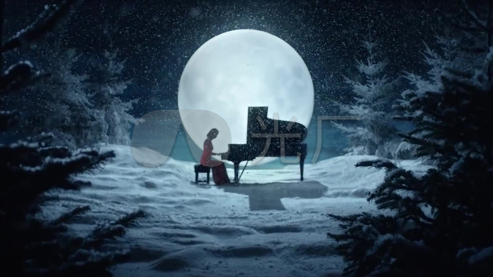 唯美星空月夜雪中弹钢琴