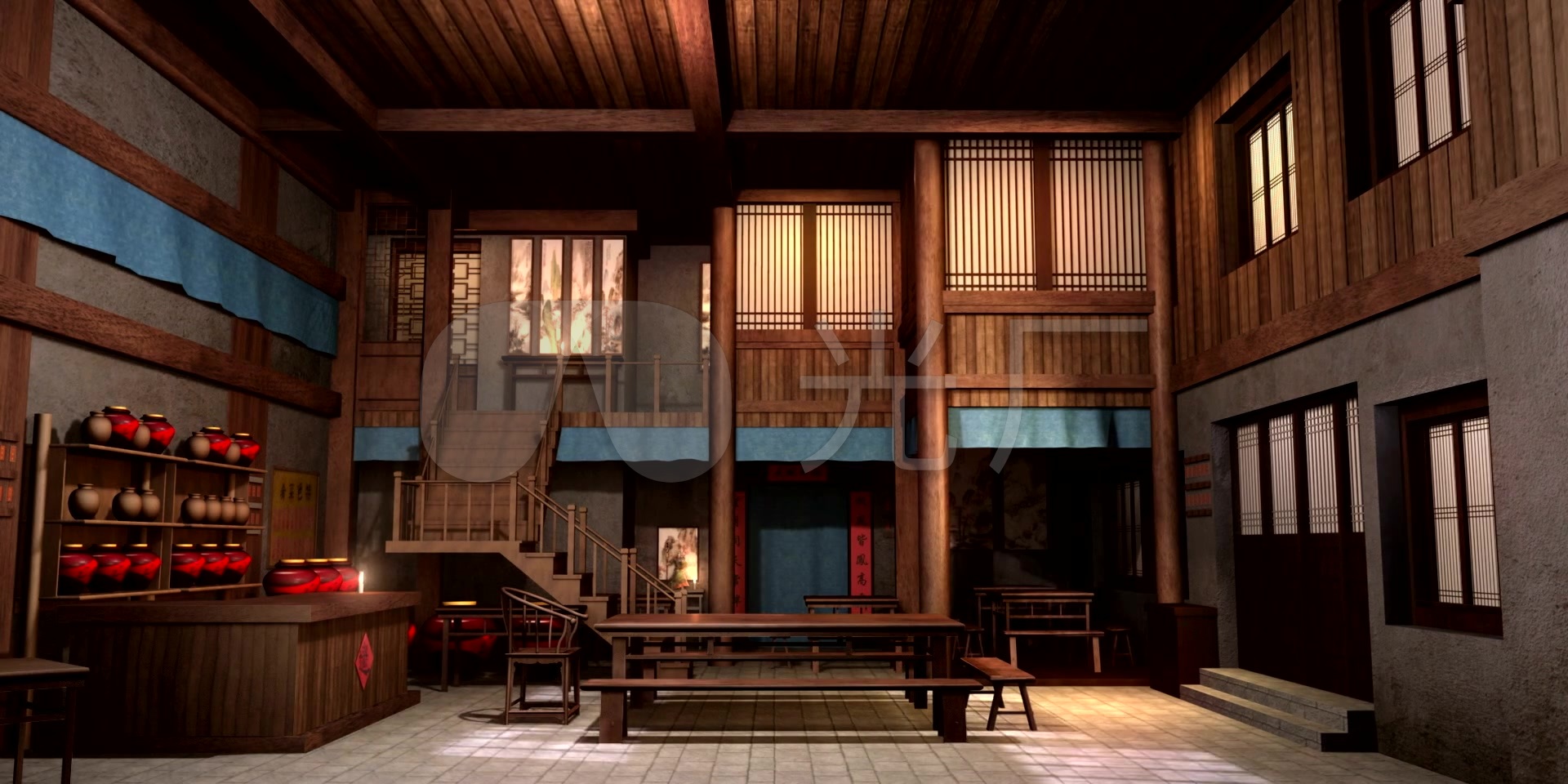 原创3d同福客栈内景_1920x960_高清视频素材下载(编号