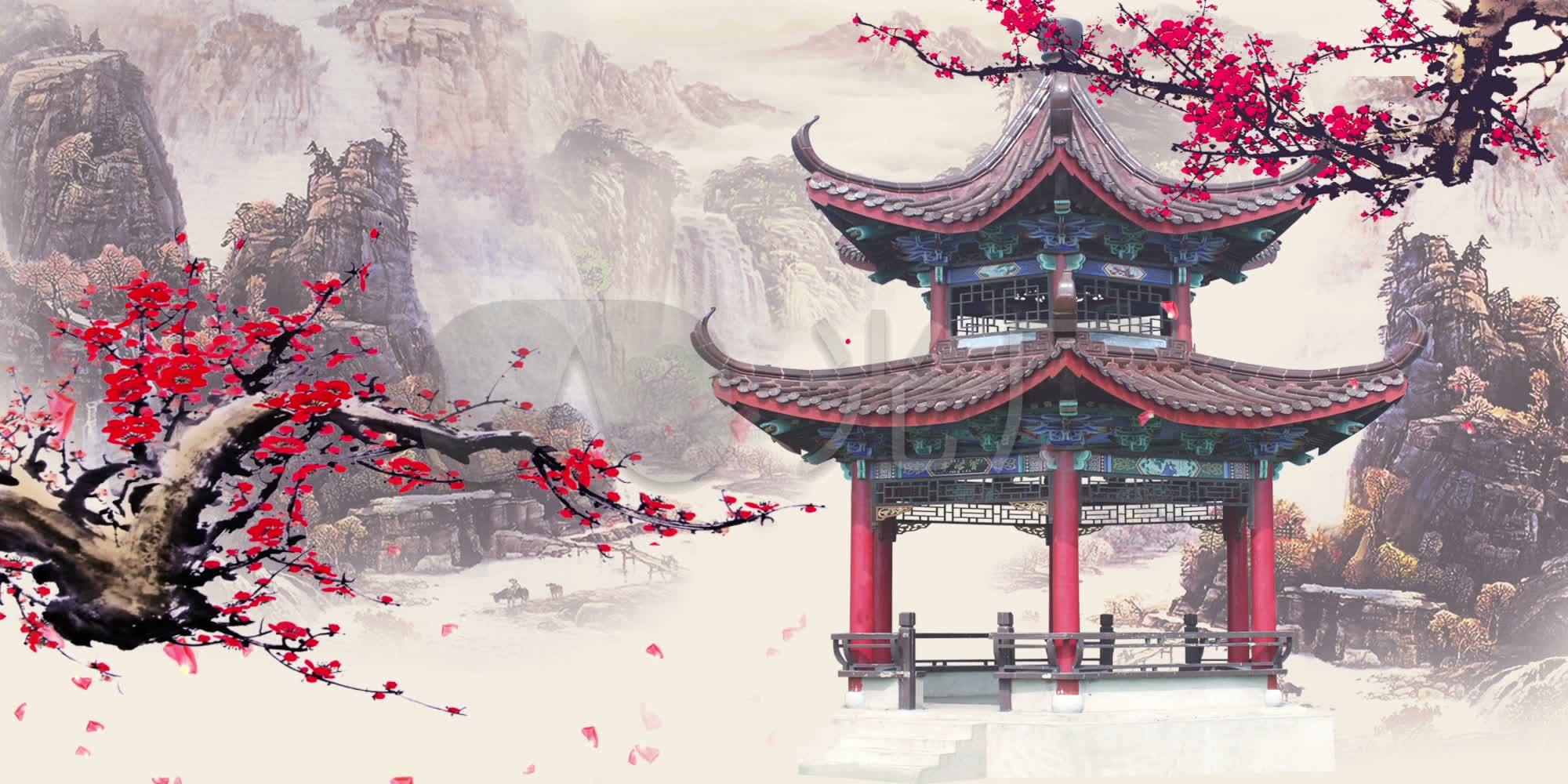 水墨山水 意境梅花 中国元素 唯美凉亭