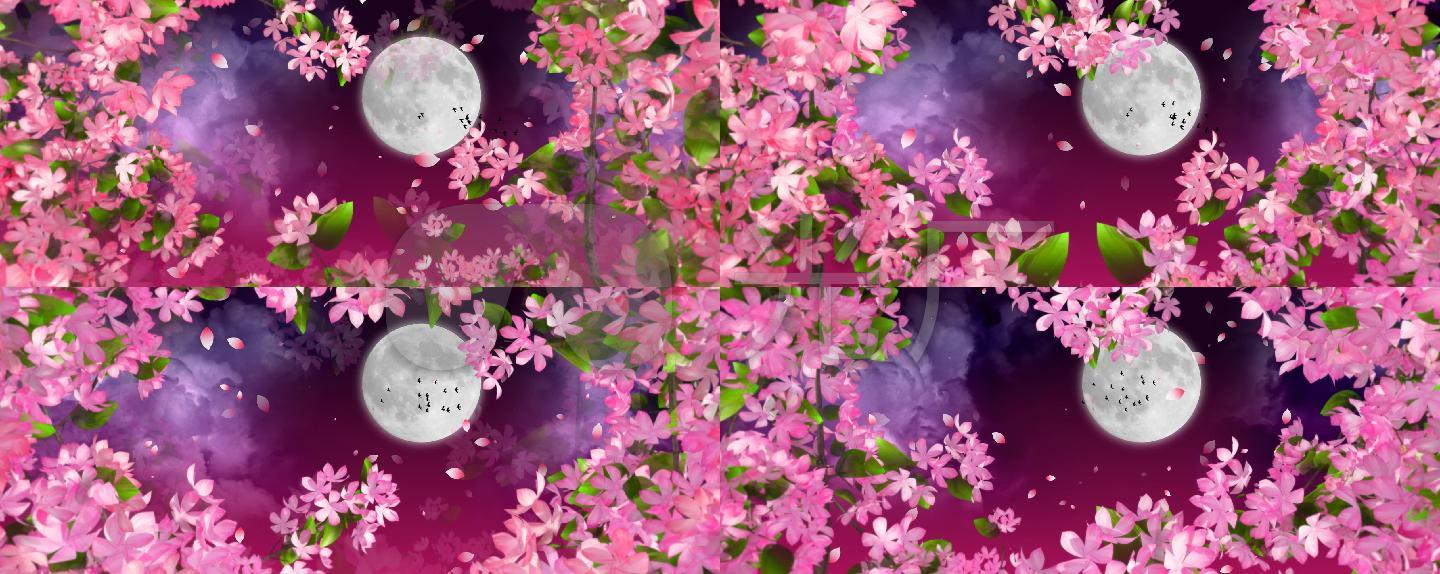 春花桃树桃花鸟飞鸟大月亮唯美星星夜空星空蓝色粒子云开花天空圆月
