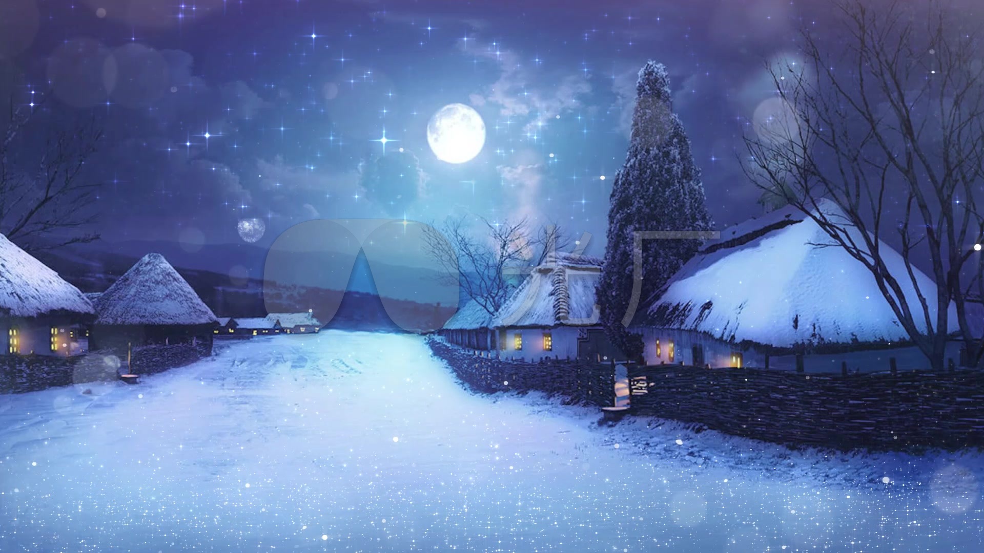 月夜雪地村庄_1920x1080_高清视频素材下载(编号:)