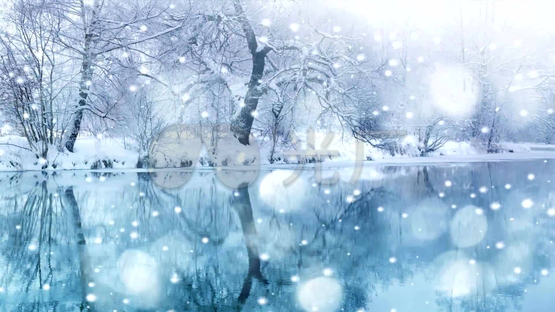 唯美浪漫雪景,下雪,雪花,冬季湖边风景