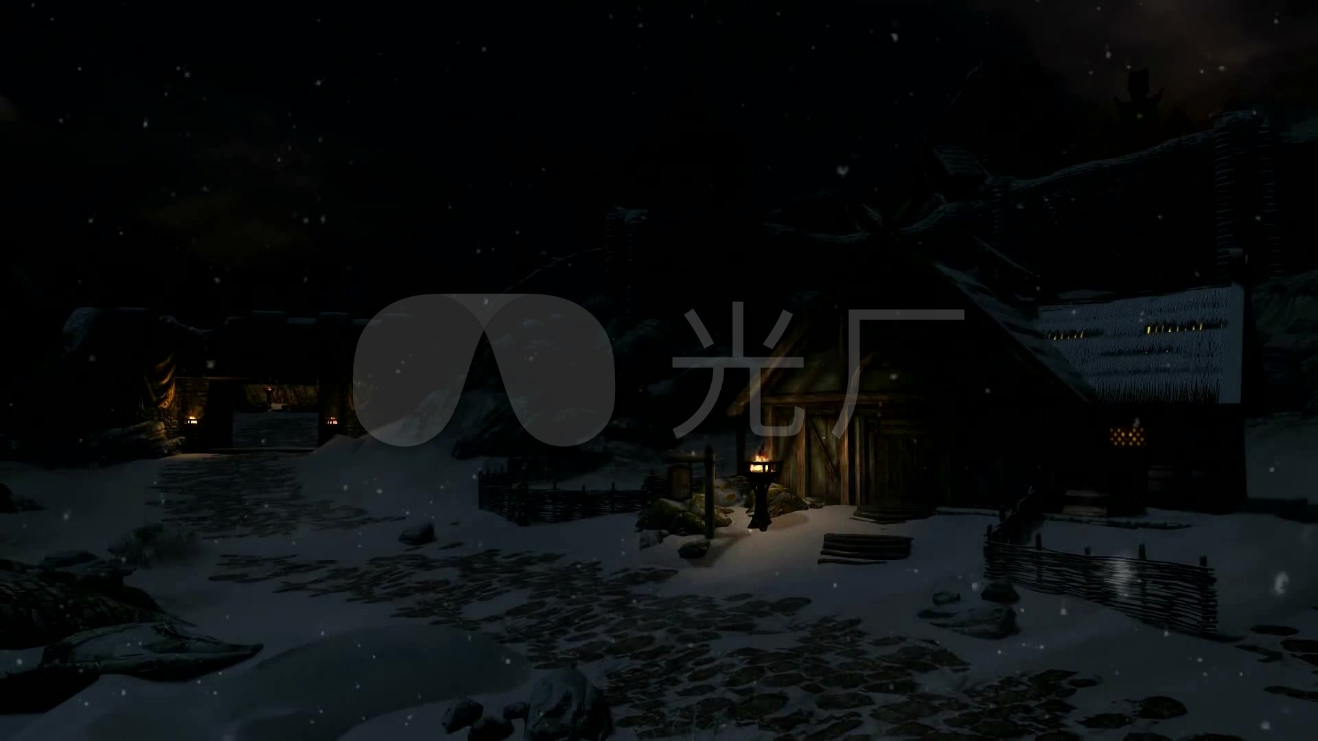 黑夜村庄,篝火,火焰,乡村,夜晚,下雪