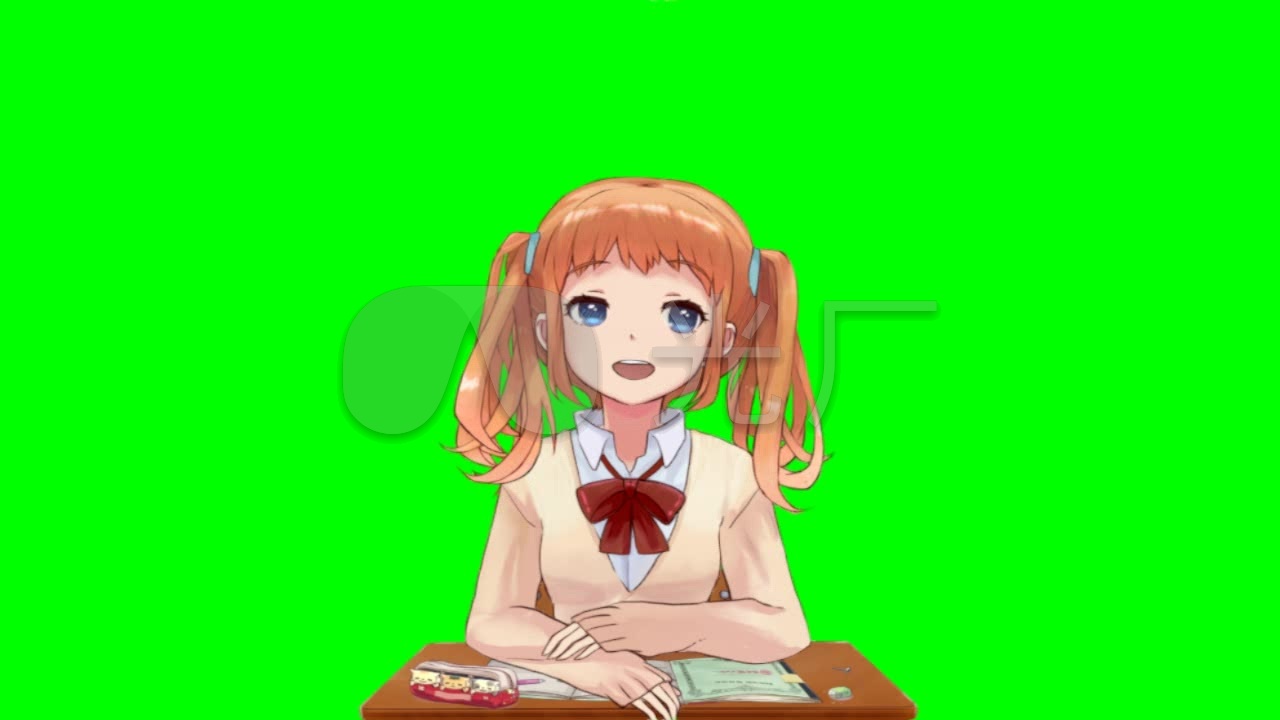 日本动漫书桌少女绿屏绿幕抠像素材