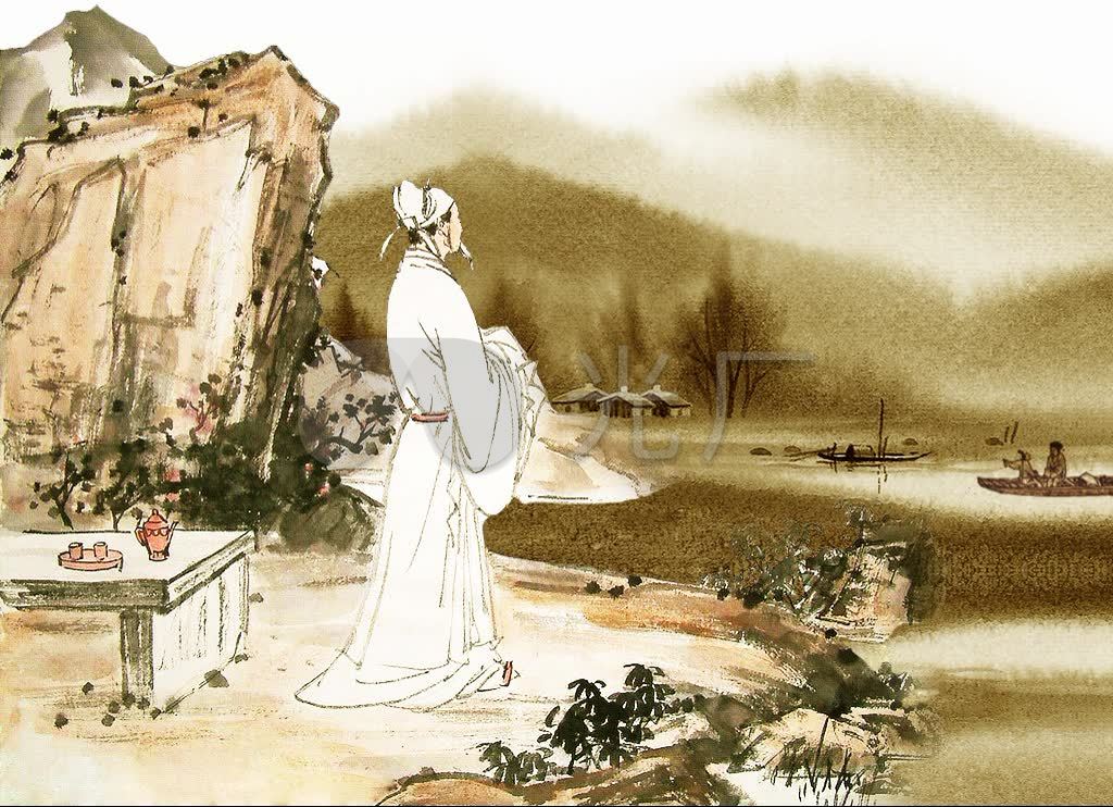 晚会屏幕古典水墨水彩诗歌画诗人诗句吟诗