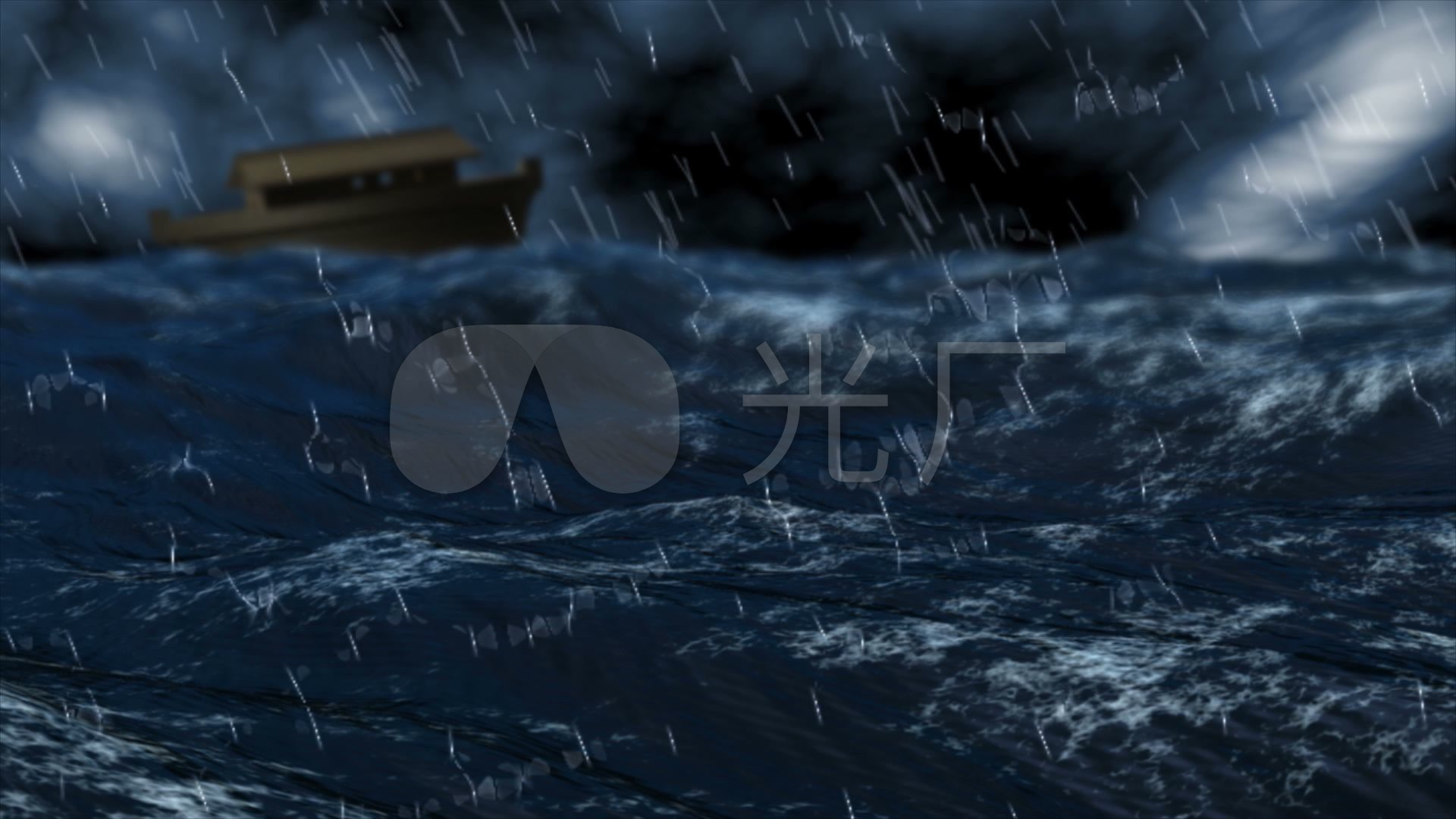 暴风雨闪电波涛起伏大海上小船飘摇视频