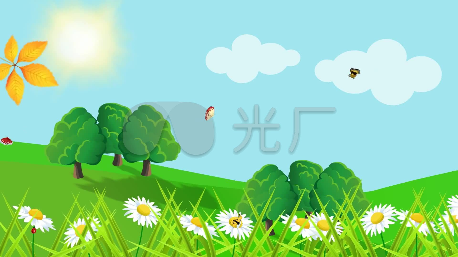 卡通春天蝴蝶花朵小树背景_1920x1080_高清视频素材