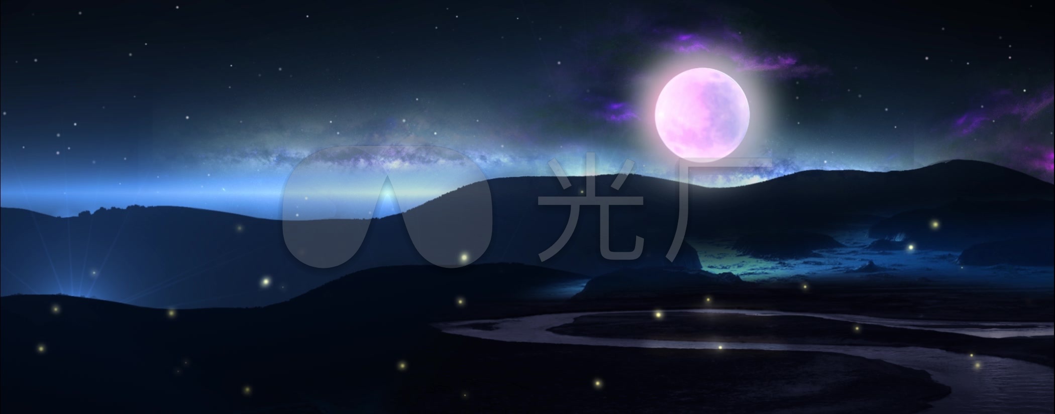 月亮月夜远山小河流星星空_2100x824_高清视频素材(:)