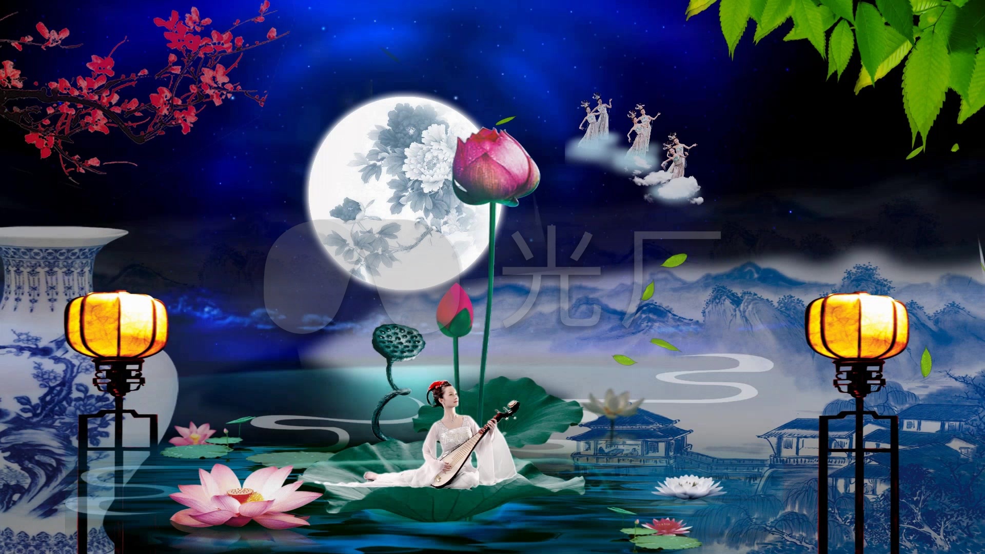 唯美中国风水墨青花瓷春江花月夜真人琵琶版