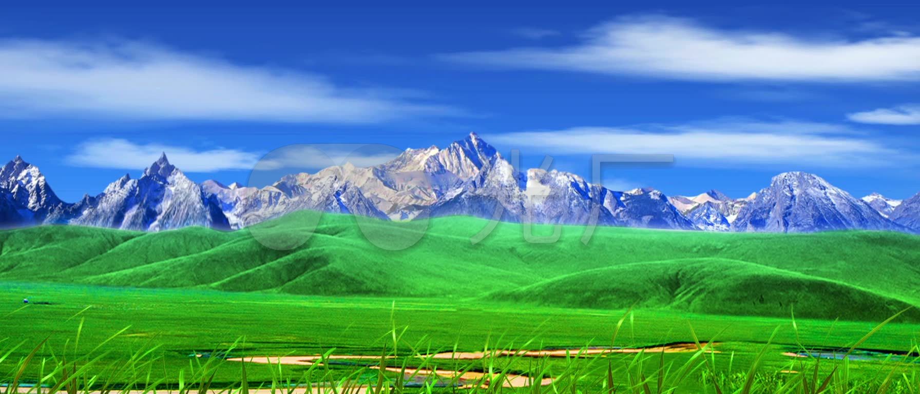 蓝天白云雪山草地_1792x768_高清视频素材下载(编号:)