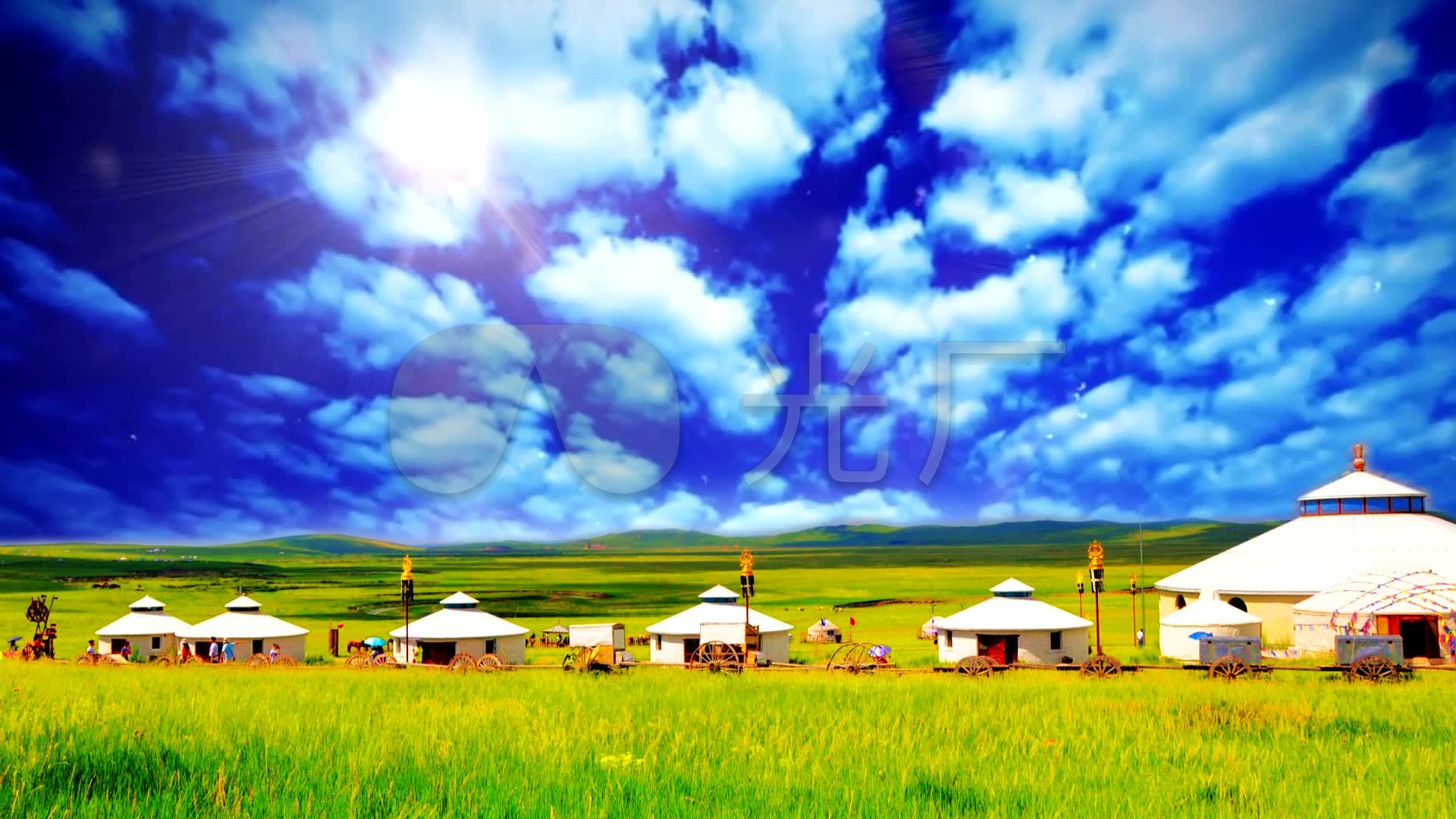 蓝天白云下的蒙古大草原风景视频素材_1920x1080_高清