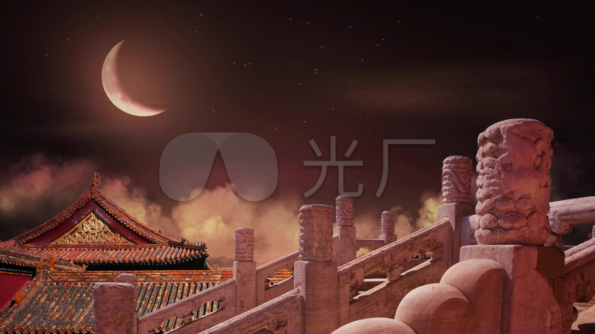 古代宫殿廊柱夜空月亮拱桥