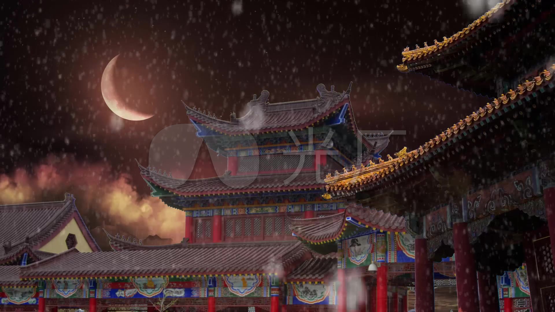古代宫殿 延时 夜空 下雪 月亮
