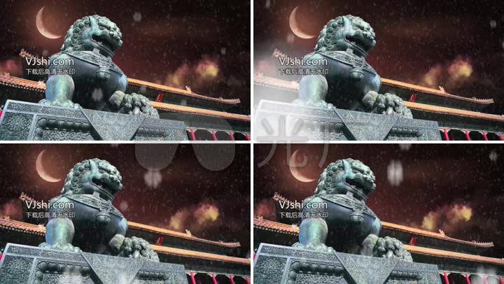 古代宫殿延时夜空下雪月亮石狮子