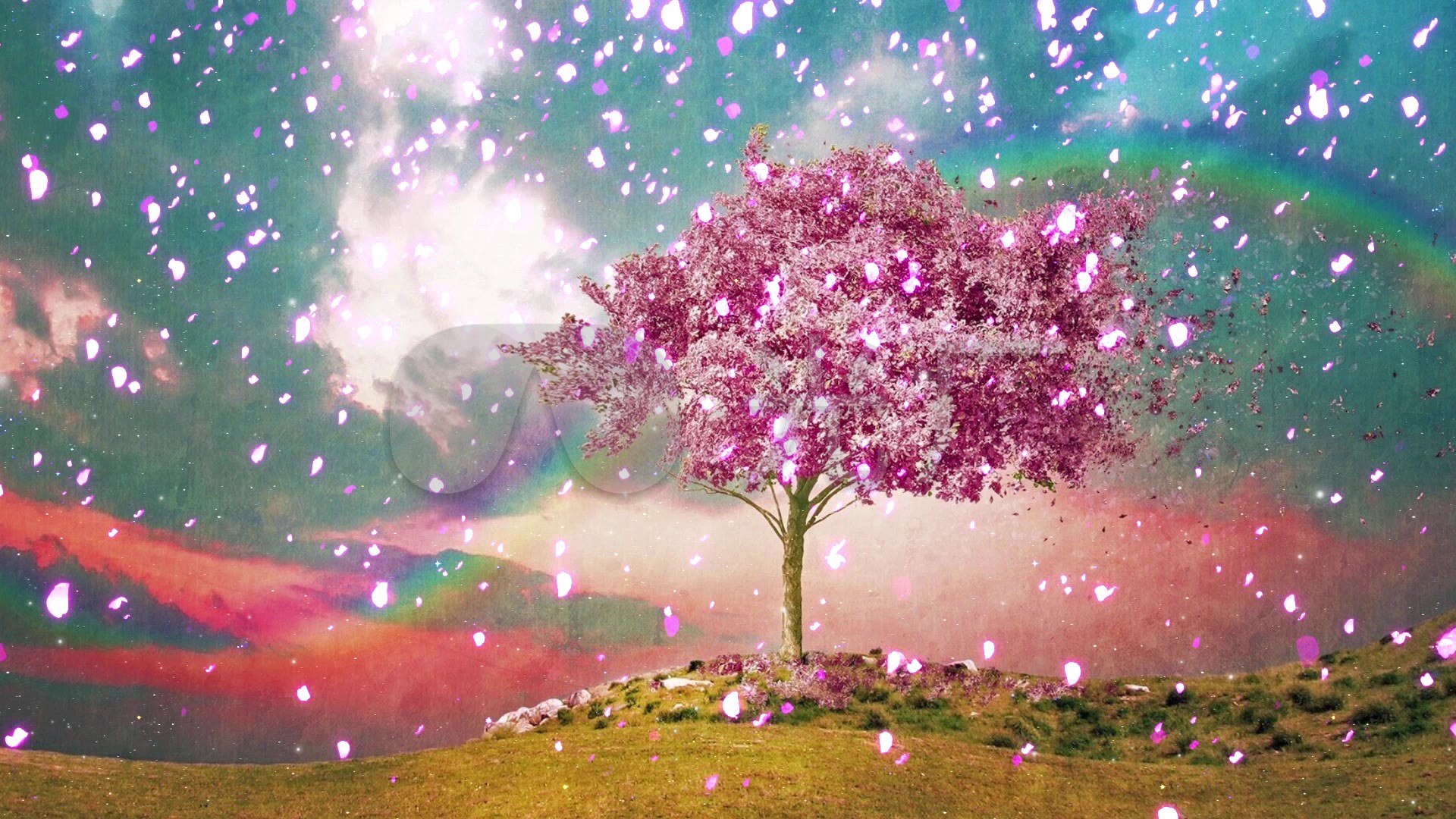 唯美一棵樱花树花瓣飘落背景视频