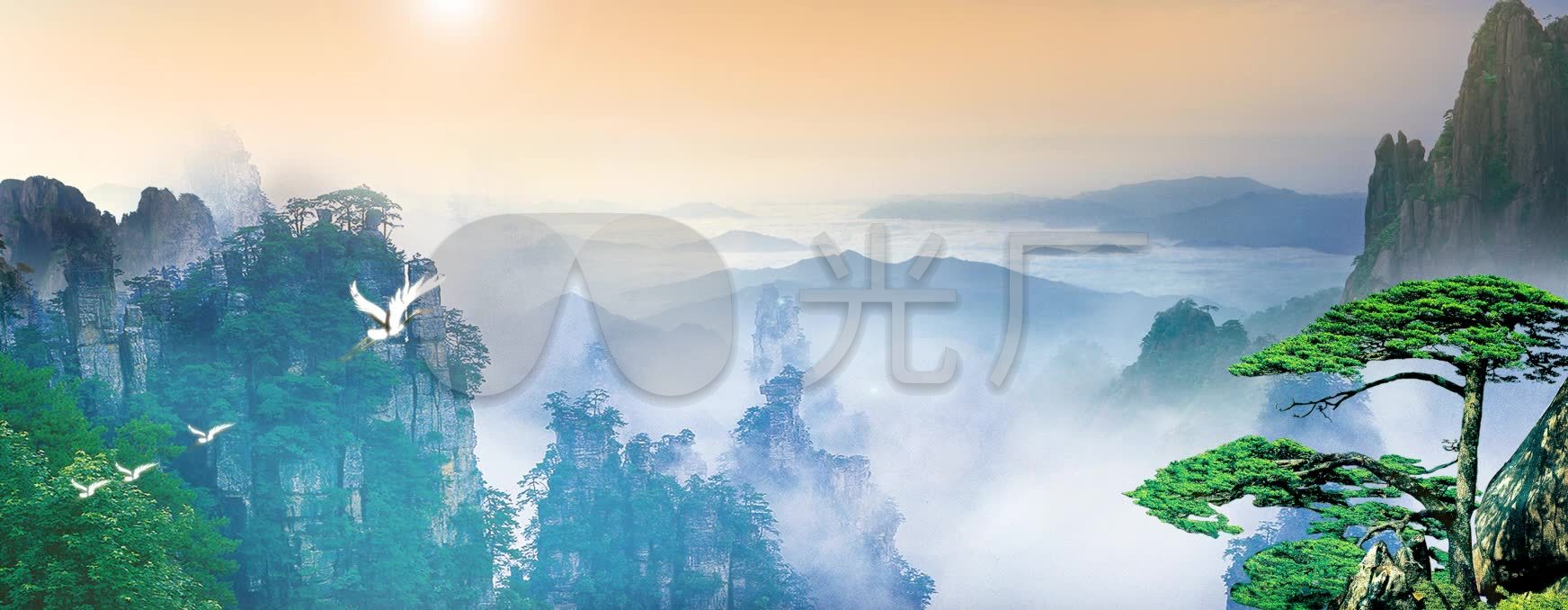 高山耸立白鹤飞翔仙境般古典景色_1744678_高清