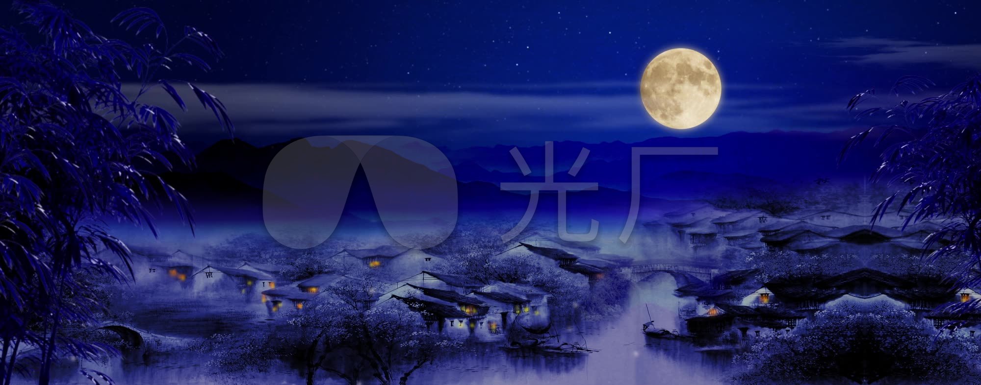 宁静的夜晚月亮唯美中国风乡村视频素材