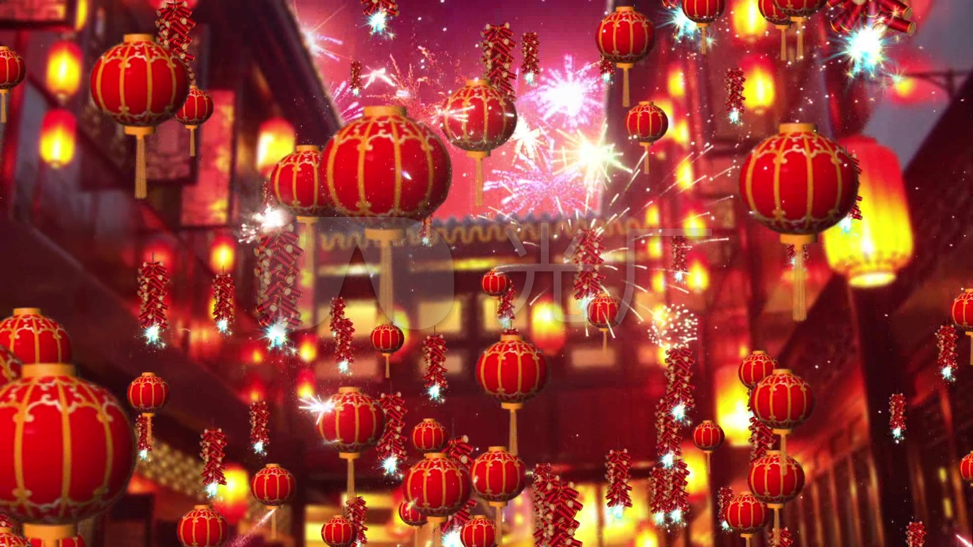 古典中国风鞭炮齐鸣灯笼齐飞