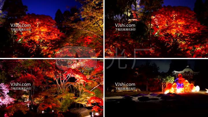 寺庙夜晚红叶水塘