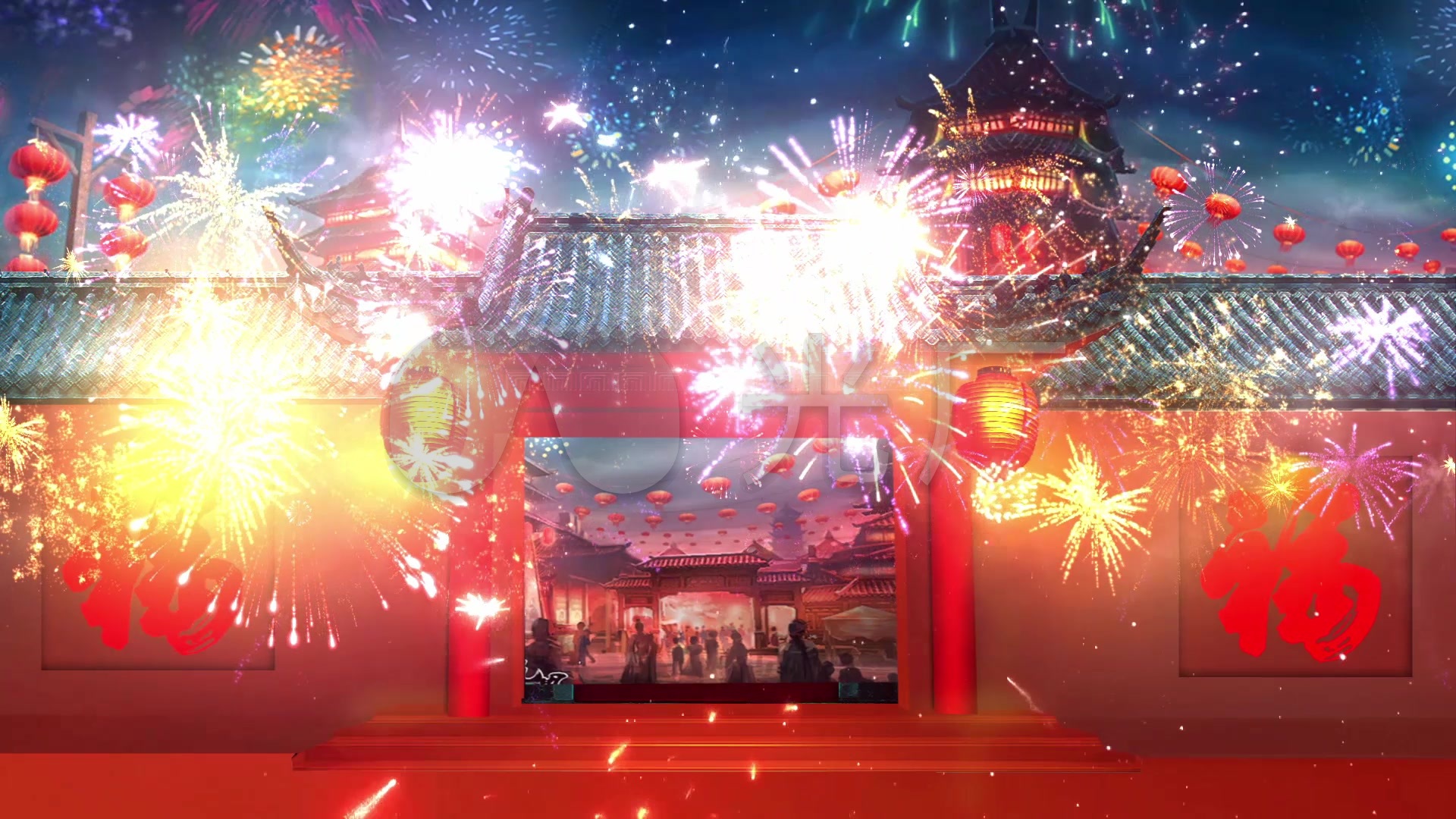 喜庆烟花灯笼新年元宵热闹背景视频