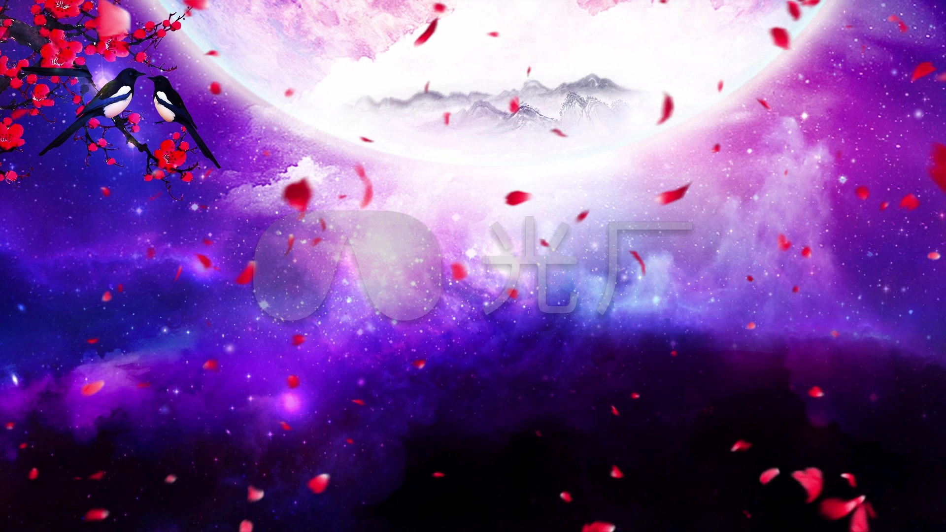 唯美梦幻紫色星空月亮花瓣飘落喜鹊背景
