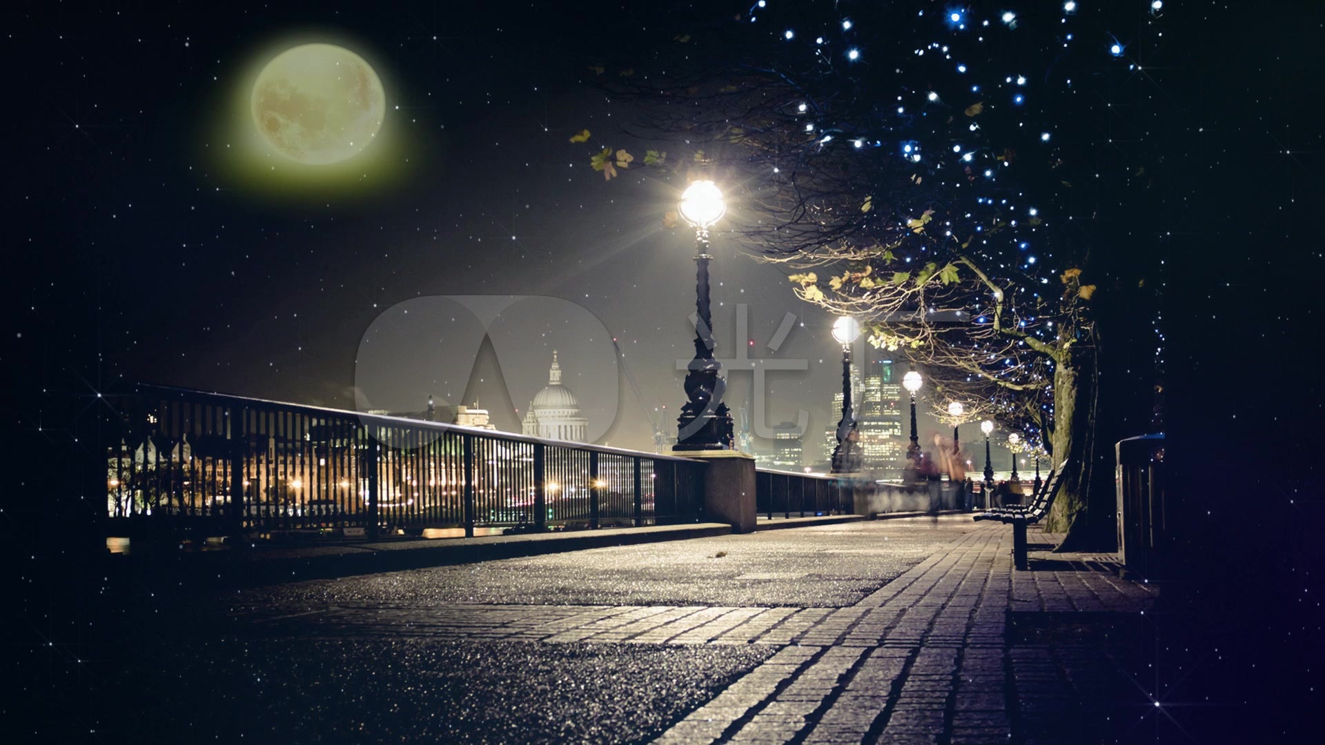 月亮升起街道夜景路灯舞蹈背景