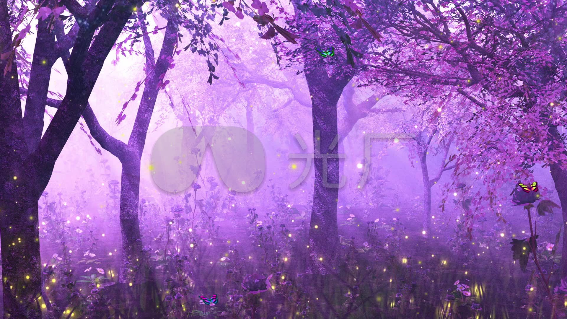 紫色唯美梦幻森林萤火虫蝴蝶夜色童话背景