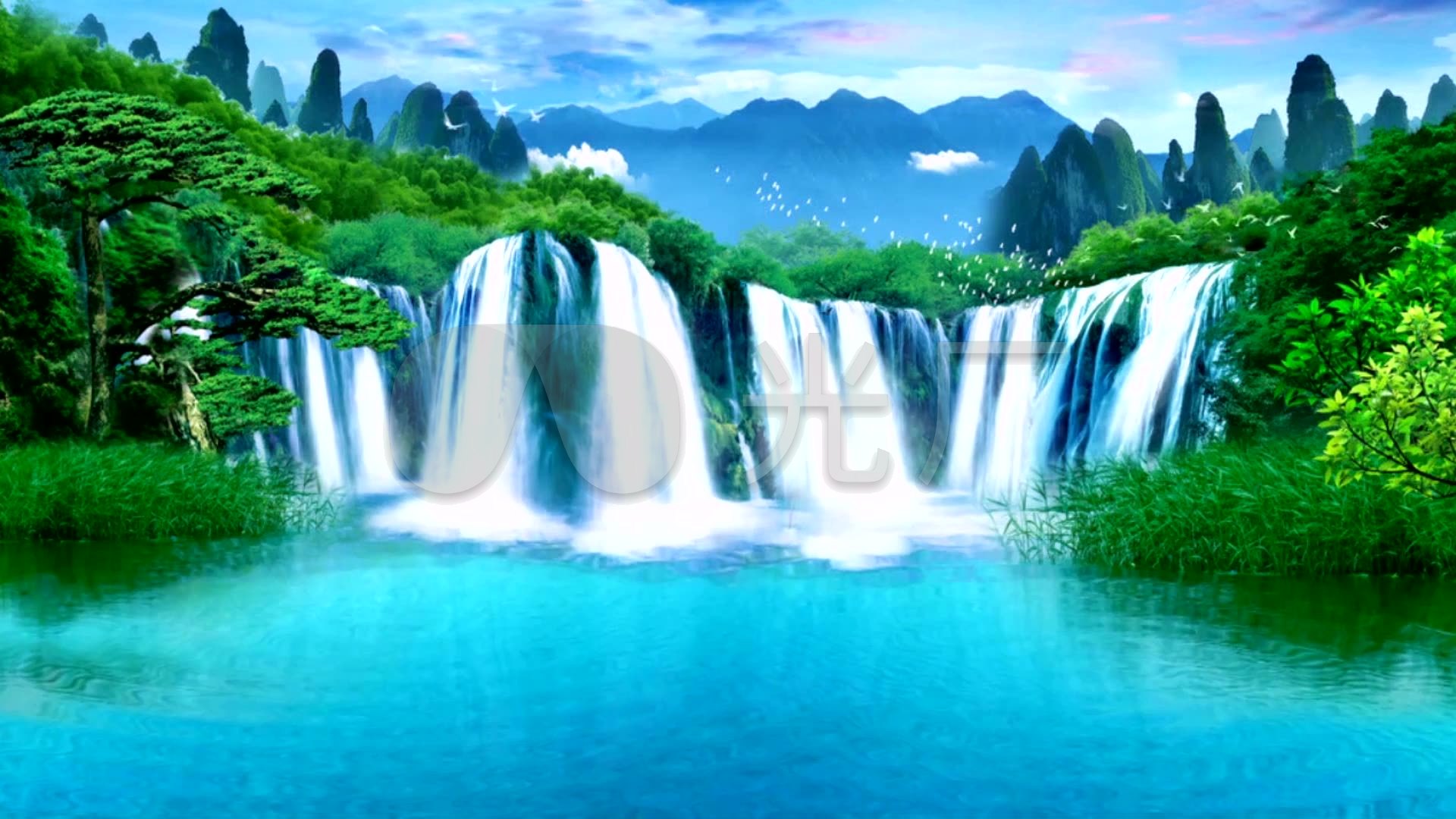 高山流水瀑布仙境水流森林(有音乐)_1920x1080_高清