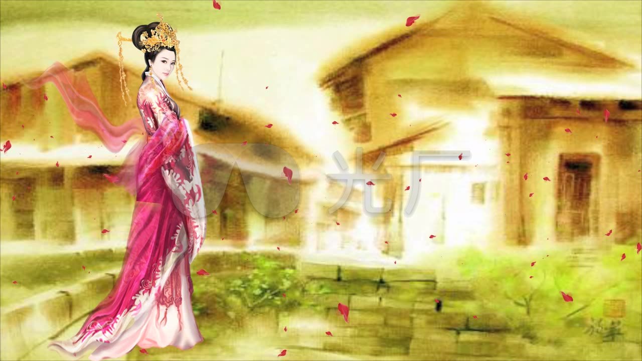 中国风古代美女变幻景色山水花瓣