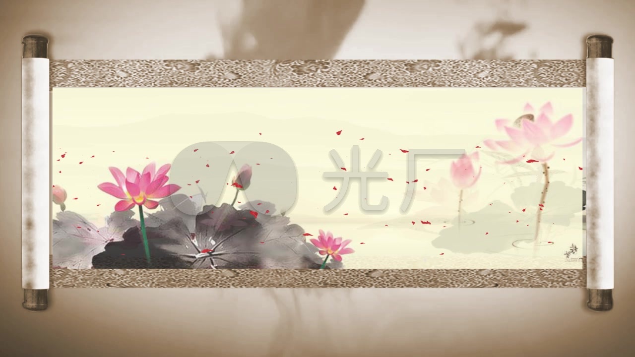 水墨卷轴琵琶语音乐花瓣飘落荷花