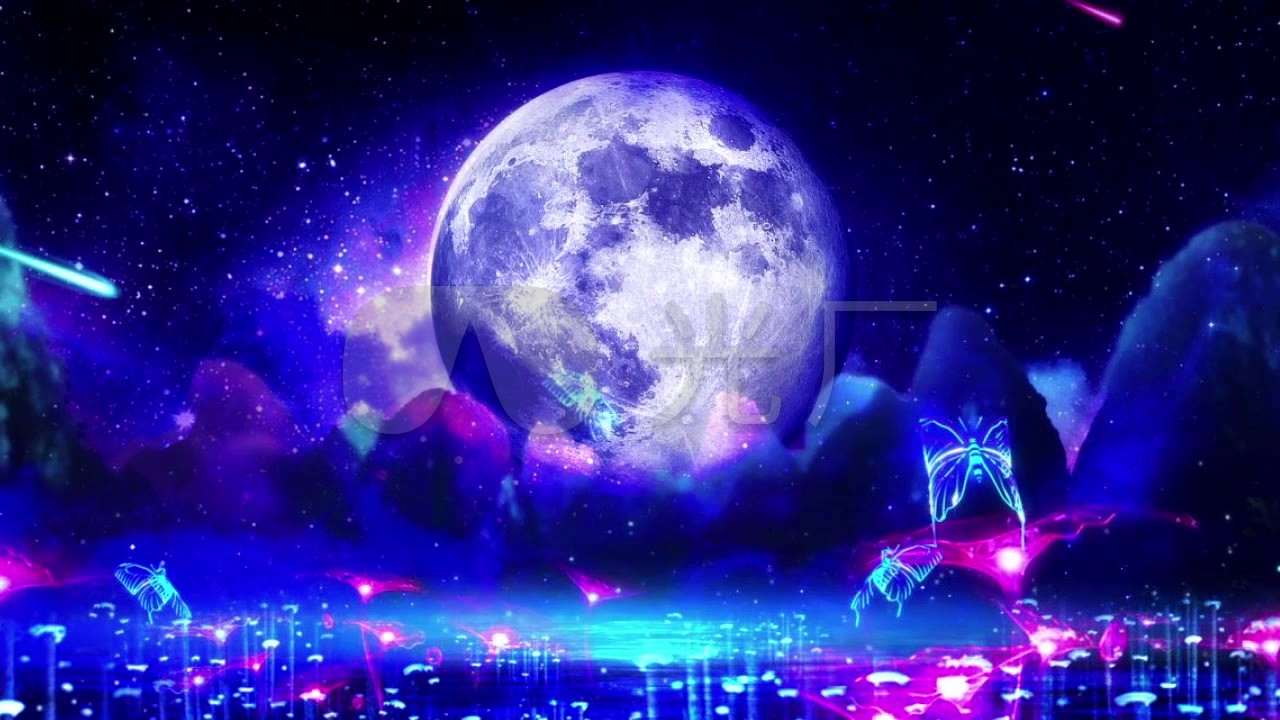 梦幻蝶梦紫色月亮星空流星_1280720_高清素材(:)