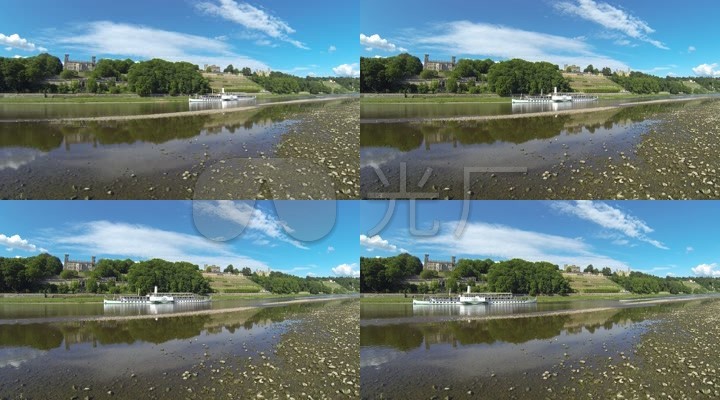 德累斯顿易北河德国河流浅滩船古堡树绿色蓝天风景