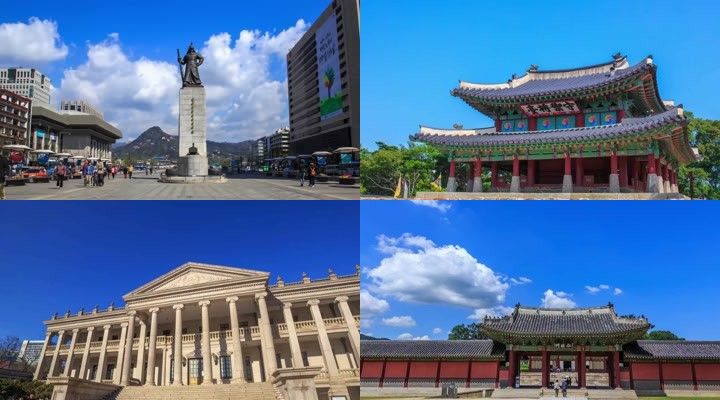 韩国古迹,城楼雕刻,绿树地标