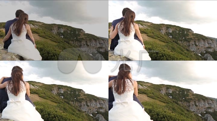情侣依偎穿着婚纱礼服山上欣赏群山一览山河人物风景高清视频实拍