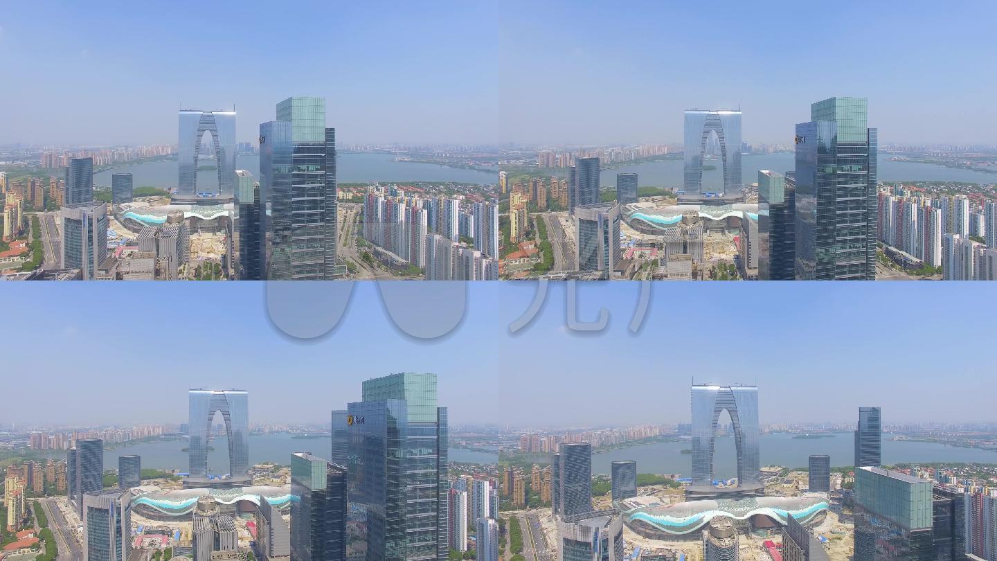 苏州园区航拍星海广场东方之门穿行