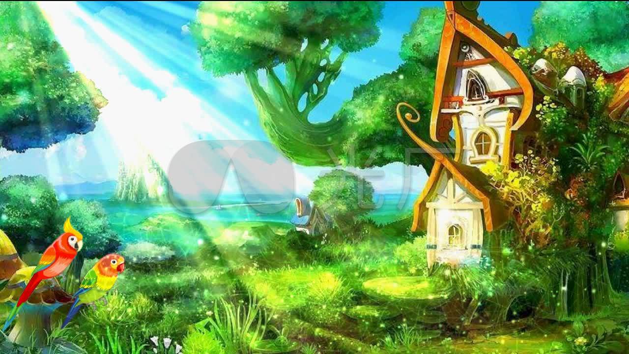 六一儿童节梦幻卡通森林房子阳光鹦鹉粒子_1280720