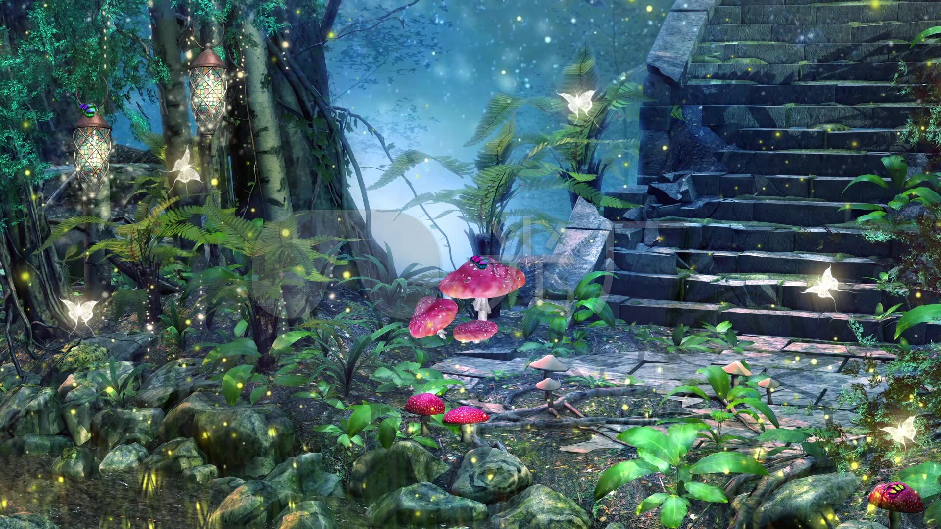 唯美森林梦幻童话仙境萤火虫蘑菇蝴蝶背景