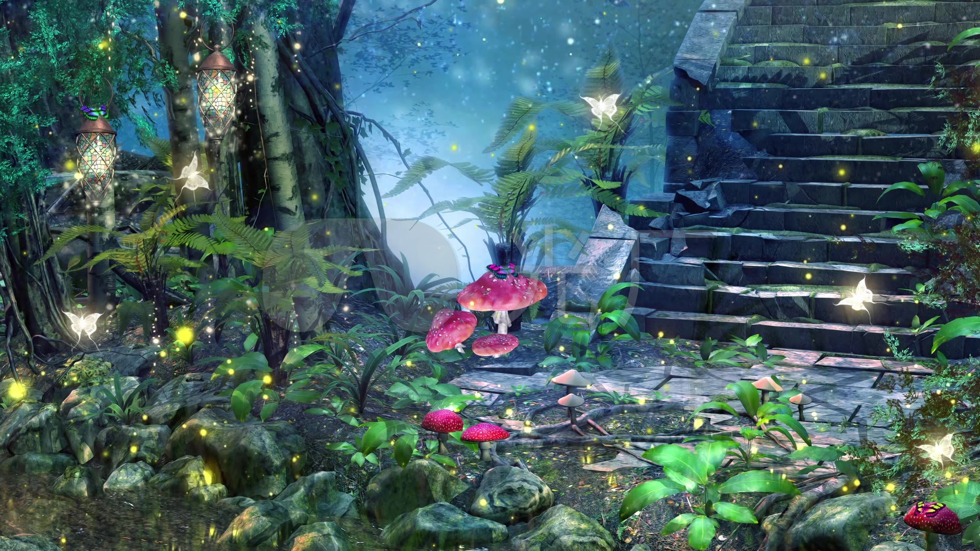 唯美森林梦幻童话仙境萤火虫蘑菇蝴蝶背景