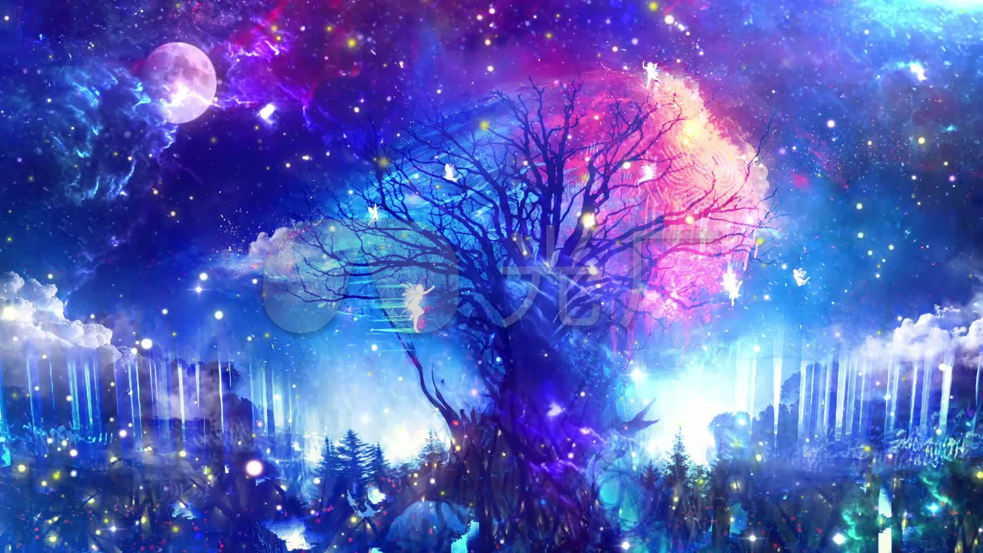 梦幻星空月亮大树唯美中国风仙境萤火虫背景