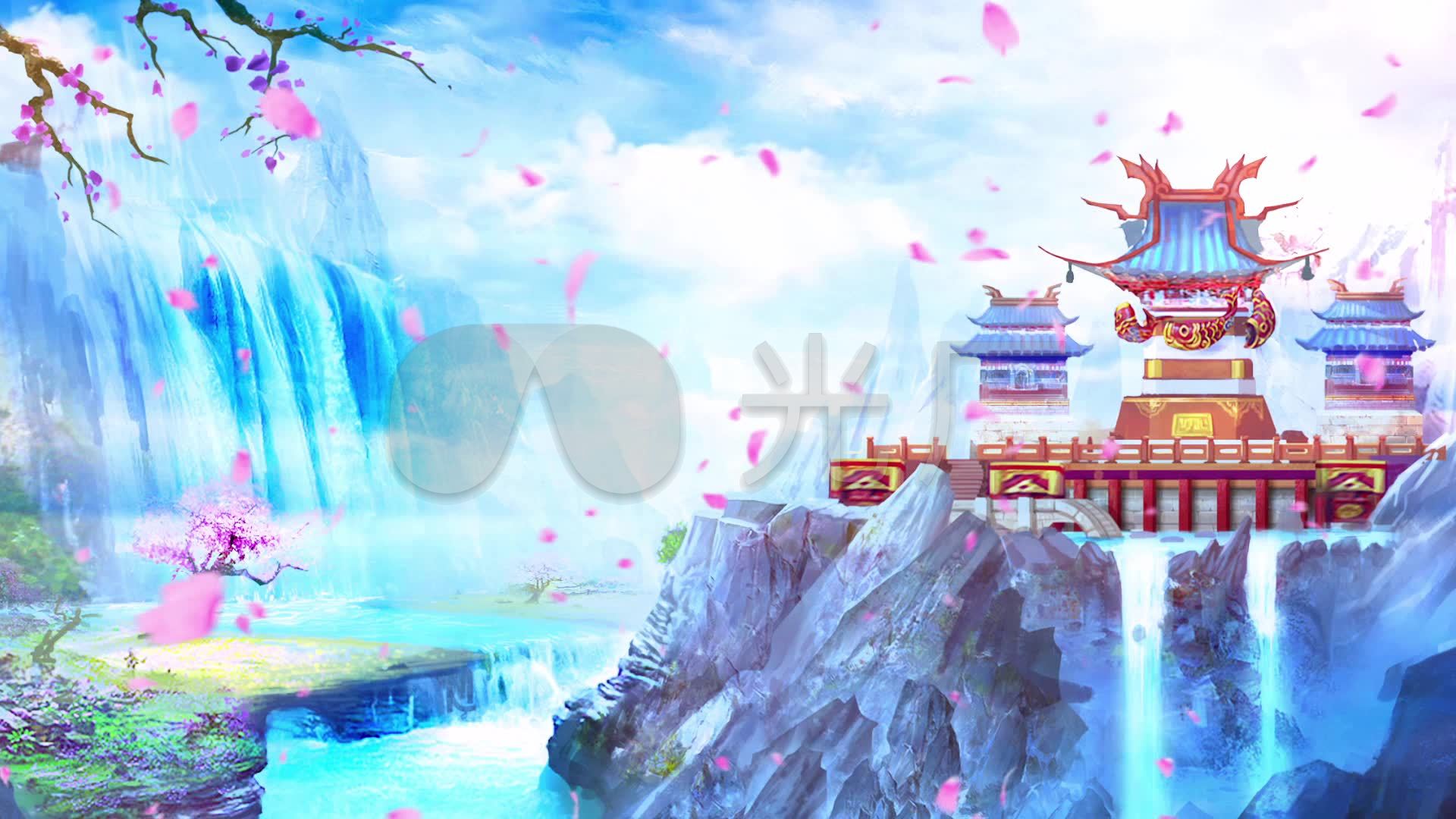 唯美宫殿桃花瀑布中国风仙境背景