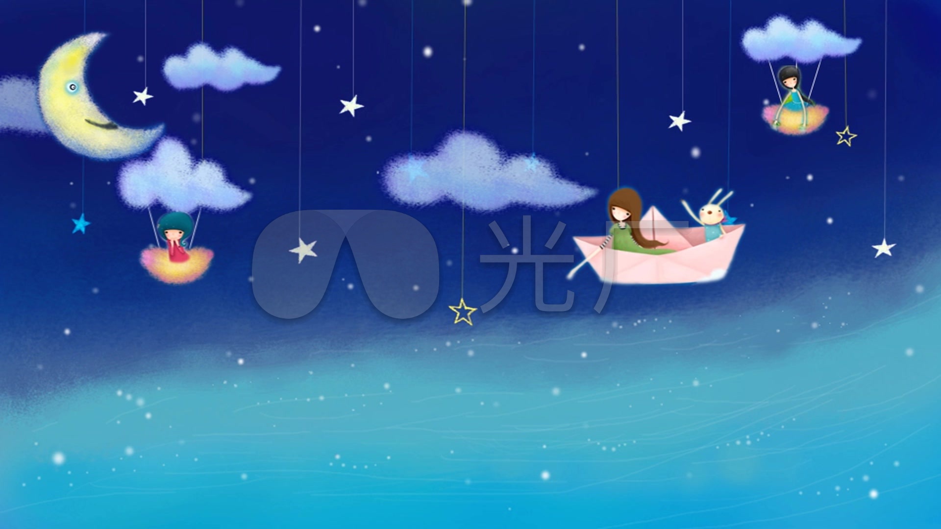 梦幻卡通夜晚星星月亮船led背景