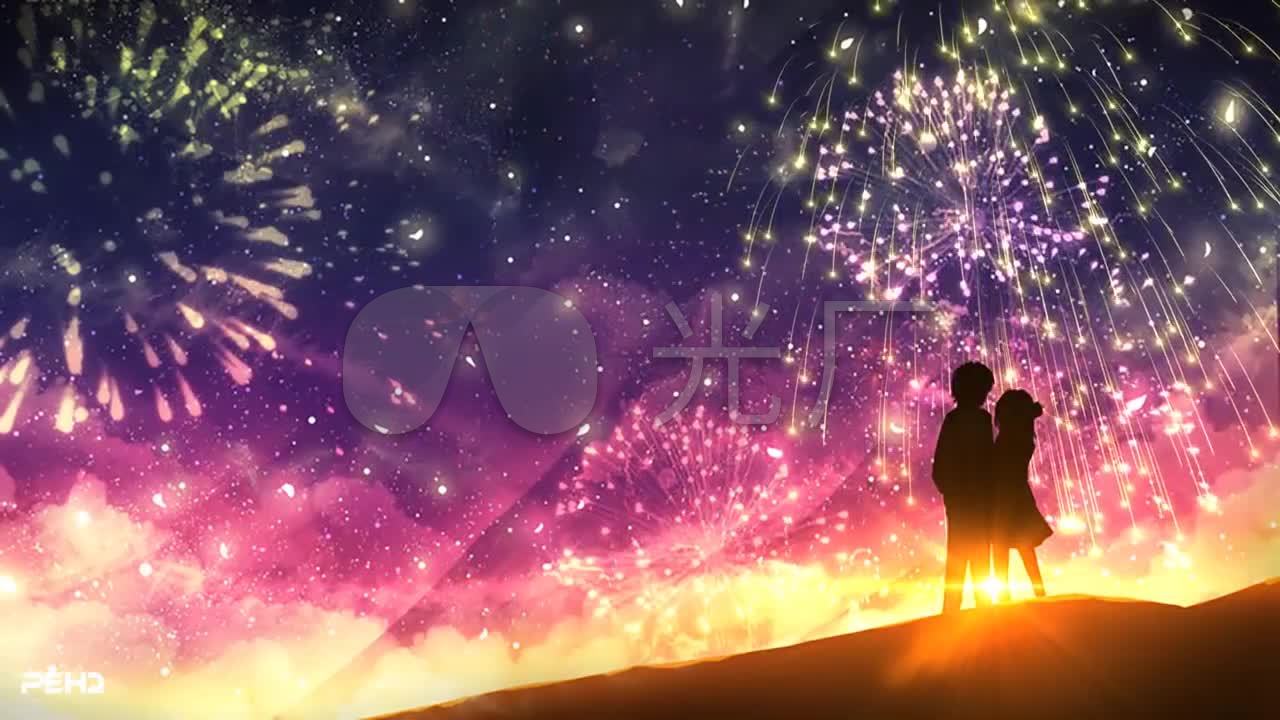 卡通情侣人物烟花粒子爆炸舞台背景