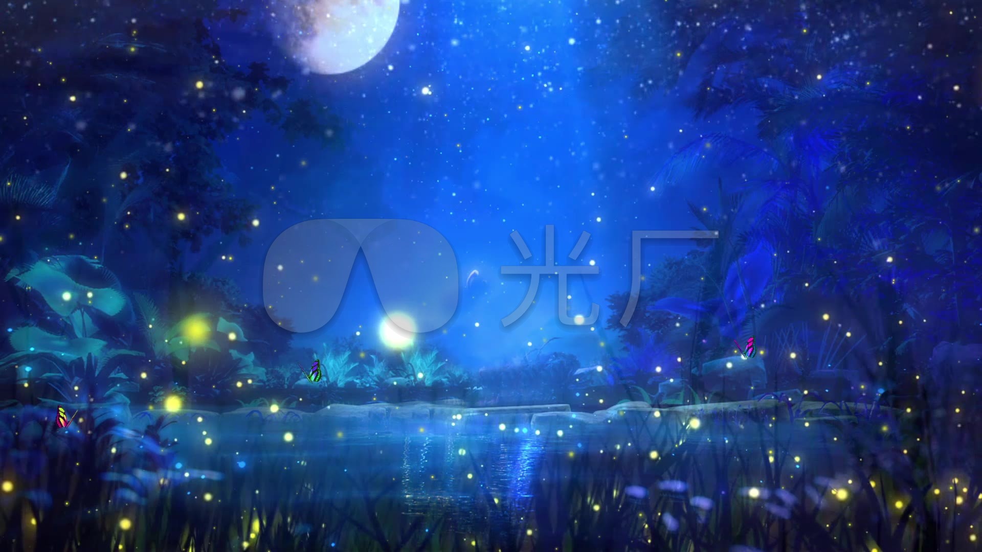 唯美森林月亮萤火虫夜色背景视频