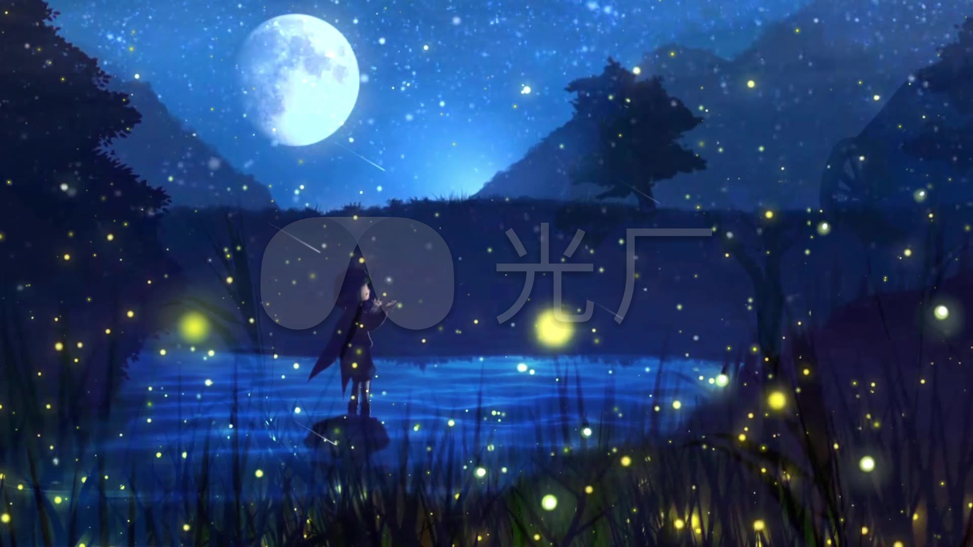 深山月亮萤火虫夜色仙境背景