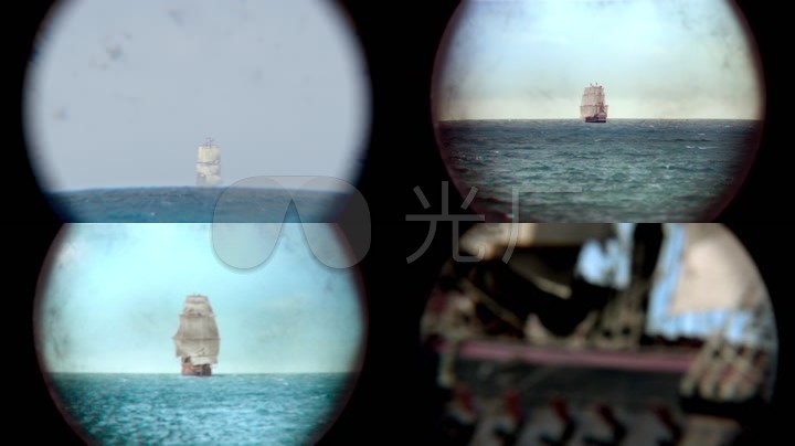 单筒望远镜视角看海面海盗帆船
