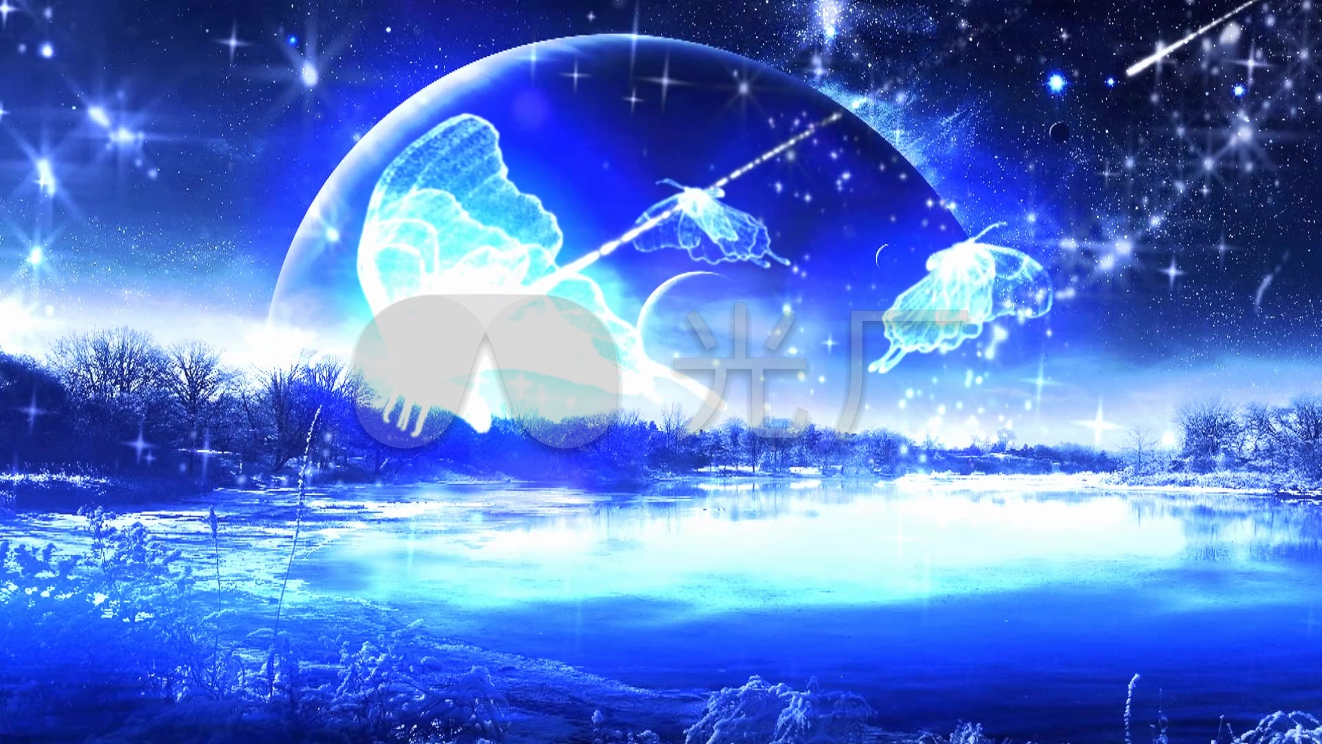 唯美舞台背景蓝色粒子星空流星蝴蝶舞蹈背景